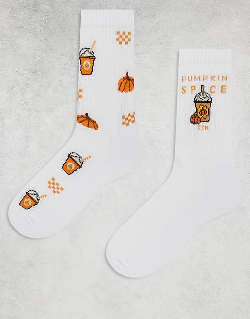 ASOS DESIGN 2 pack socks pumpkin spice graphic in white