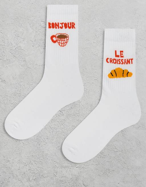ASOS DESIGN 2 pack socks with breakfast graphic in white