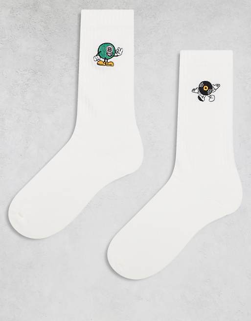 ASOS DESIGN 2 pack socks with characters embroidery in white