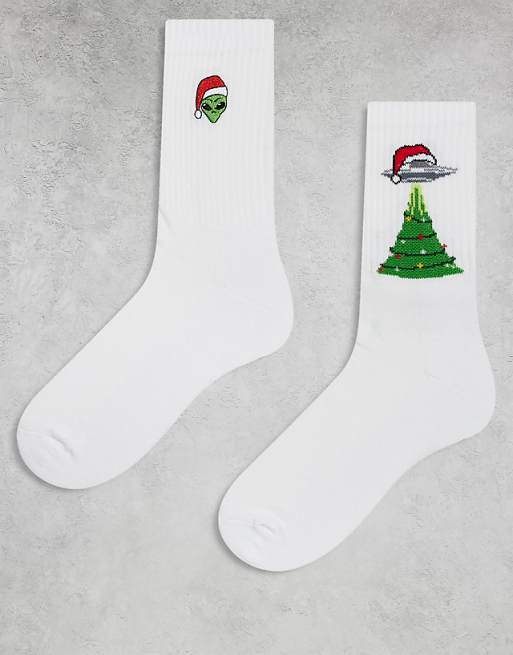ASOS DESIGN 2 pack socks with Christmas space graphic in white
