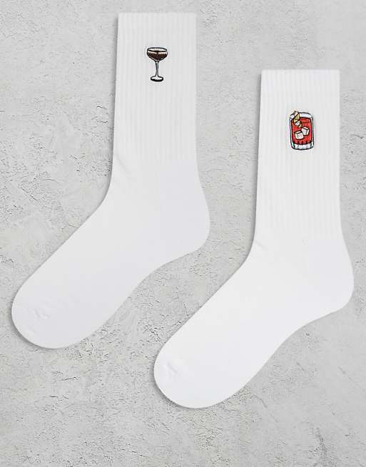 ASOS DESIGN 2 pack socks with embroidery cocktails in white