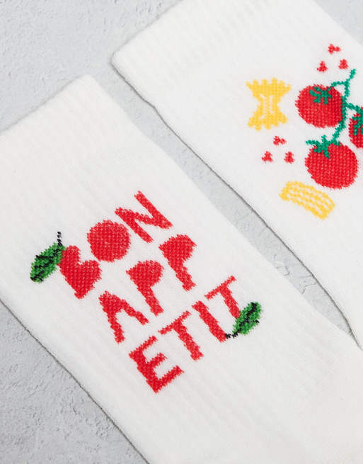 ASOS DESIGN 2 Pack Socks With Food Graphic On White - CREAM