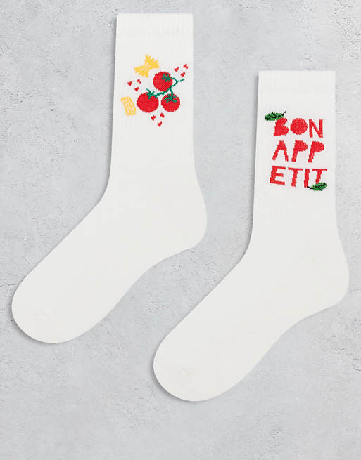 ASOS DESIGN 2 pack socks with food graphic on white - CREAM