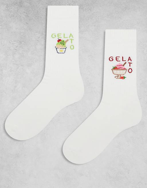 ASOS DESIGN 2 pack socks with ice cream graphic in white - CREAM