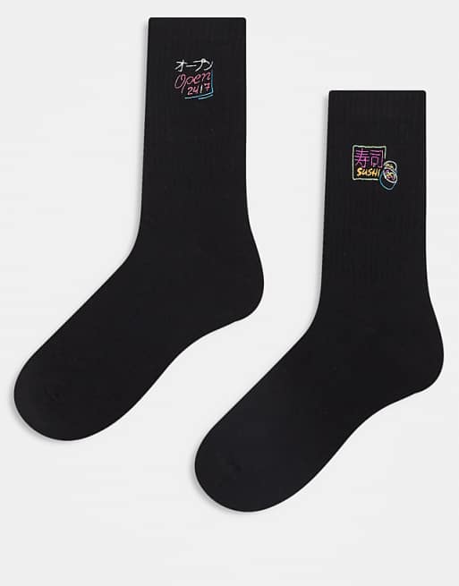 ASOS DESIGN 2 pack socks with neon sign embroidery socks in white