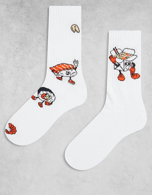 ASOS DESIGN 2 pack socks with sushi food graphic in white