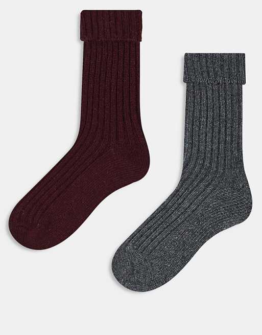 ASOS DESIGN 2 pack wool boot ankle socks in burgundy and charcoal grey