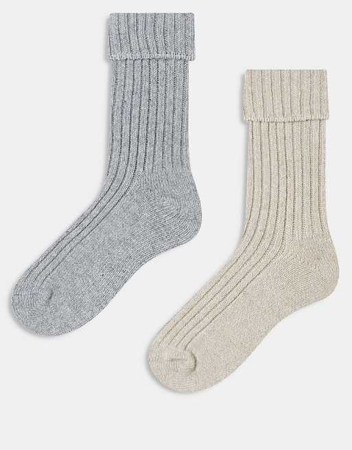 ASOS DESIGN 2 pack wool boot ankle socks in light grey and oatmeal