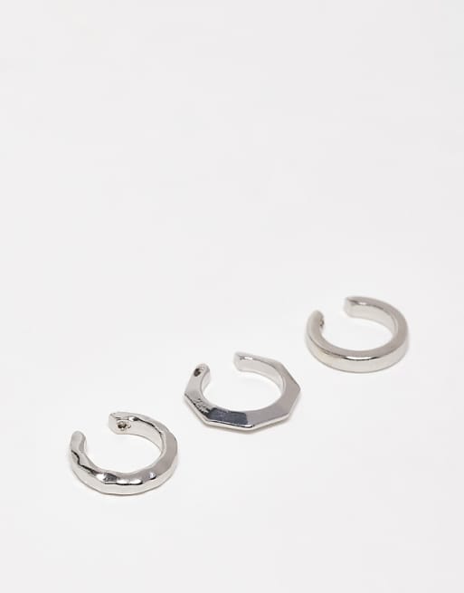 ASOS DESIGN 3 pack angular ear cuff in silver tone