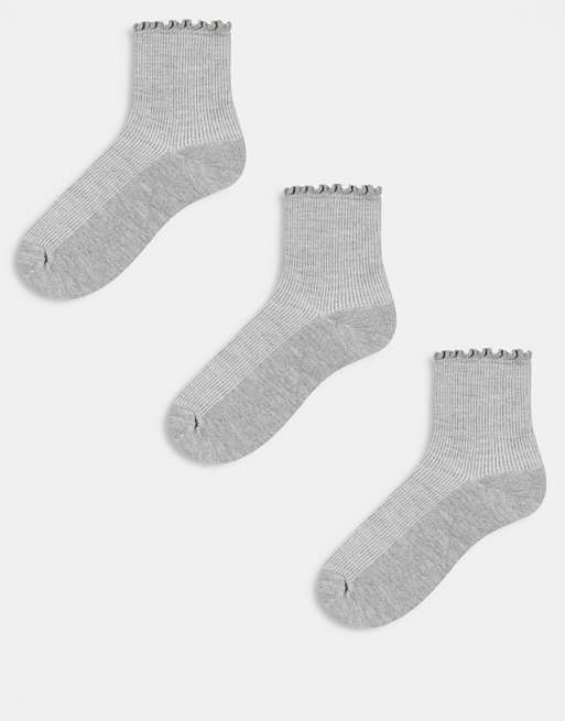 ASOS DESIGN 3 pack frill edge ankle socks in charcoal grey marl