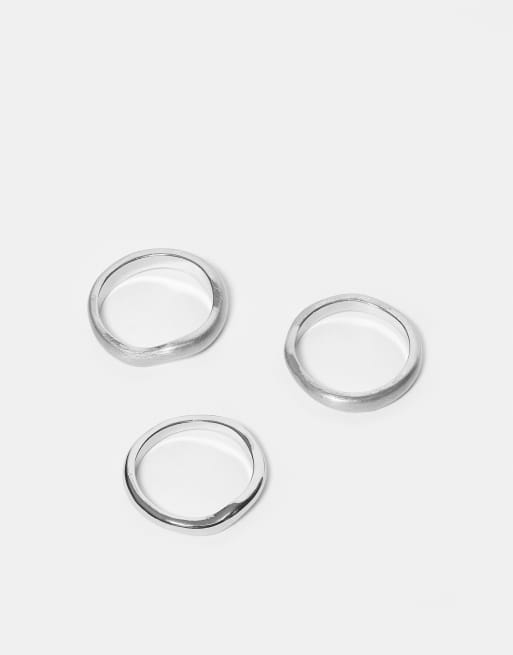 ASOS DESIGN 3 Pack Mixed Brushed And Polished Molten Rings In Silver Tone