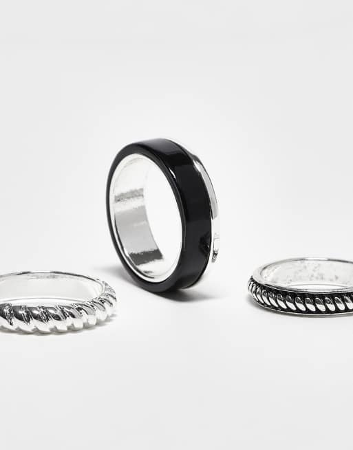 ASOS DESIGN 3 Pack Rings With Black Enamel And Texture In Silver Tone