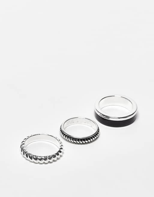 ASOS DESIGN 3 pack rings with black enamel and texture in silver tone