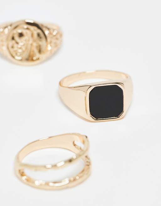 ASOS DESIGN 3 Pack Signet Ring With Black Stone In Gold Tone