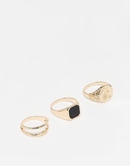ASOS DESIGN 3 pack signet ring with black stone in gold tone