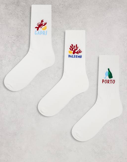 ASOS DESIGN 3 pack socks graphic in white