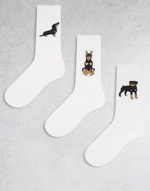 ASOS DESIGN 3 pack socks with dog graphic in white