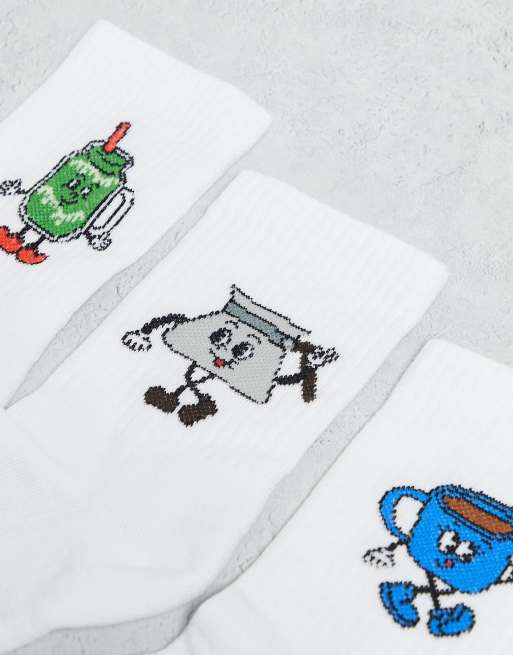 ASOS DESIGN 3 Pack Socks With Matcha Characters Graphic In White
