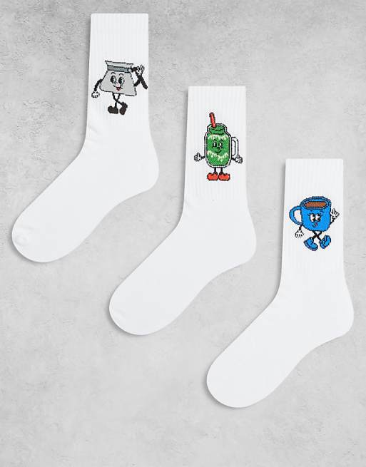 ASOS DESIGN 3 pack socks with matcha characters graphic in white