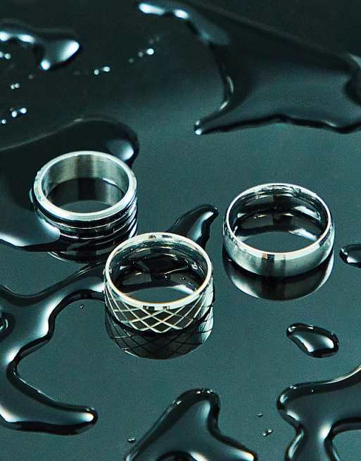 ASOS DESIGN 3 pack waterproof stainless steel band ring set in silver tone