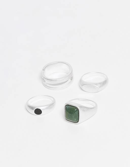 ASOS DESIGN 4 Pack Chunky Style Rings With Semi-precious Moss And Black Agate Stones In Brushed Silver Tone