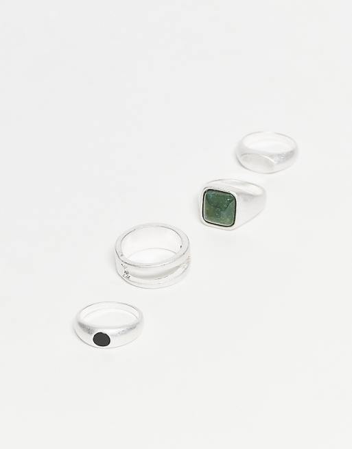 ASOS DESIGN 4 pack chunky style rings with semi-precious moss and black agate stones in brushed silver tone
