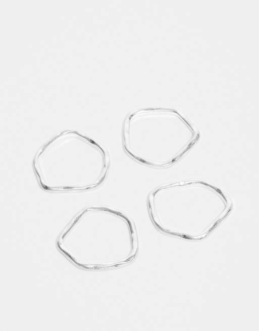 ASOS DESIGN 4 Pack Molten Plain Band Rings In Worn Silver Tone