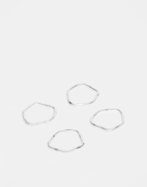 ASOS DESIGN 4 pack molten plain band rings in worn silver tone