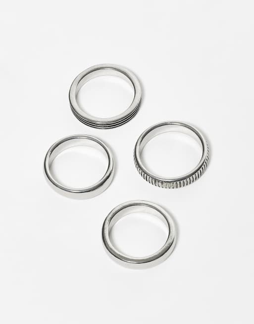 ASOS DESIGN 4 Pack Plain Band Rings In Burnished Silver Tone