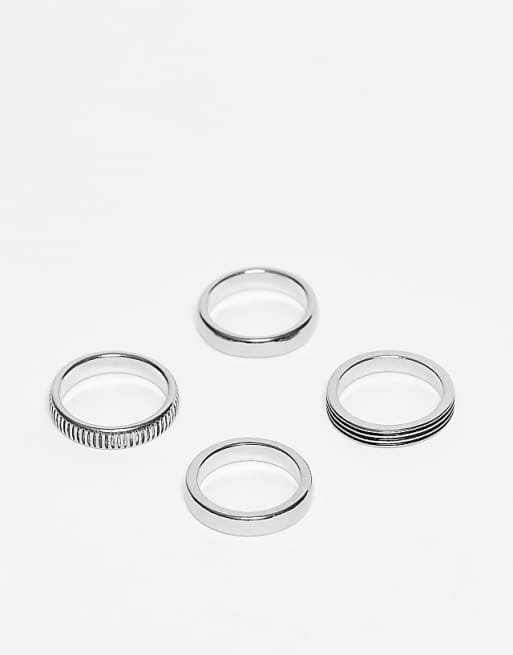 ASOS DESIGN 4 pack plain band rings in burnished silver tone
