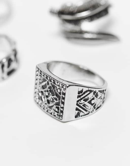 ASOS DESIGN 4 Pack Wrap Around Feather And Stone Signet In Silver Tone