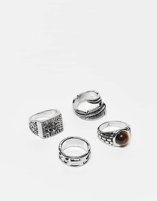 ASOS DESIGN 4 pack wrap around feather and stone signet in silver tone