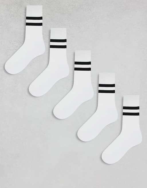 ASOS DESIGN 5 pack sport socks in white with black stripe - WHITE