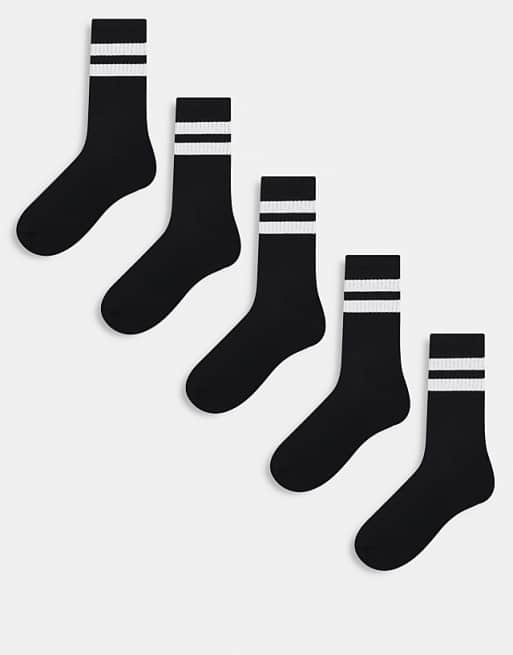 ASOS DESIGN 5 pack sports socks in black with white stripe