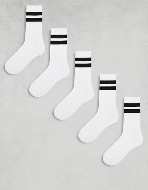 ASOS DESIGN 5 pack sports socks in white with black stripe