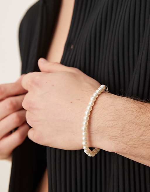 ASOS DESIGN 6mm glass faux pearl beaded bracelet in white