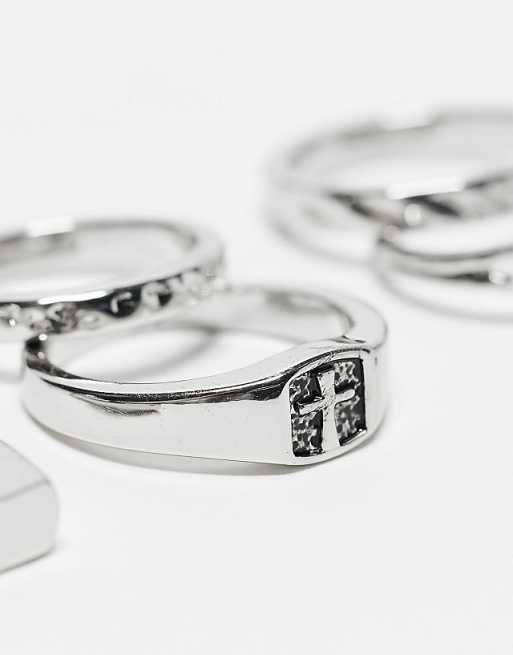 ASOS DESIGN 7 Pack Cross Detail Band Ring Set In Silver - SILVER