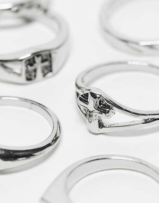 ASOS DESIGN 7 Pack Cross Detail Band Ring Set In Silver - SILVER