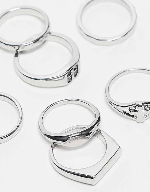 ASOS DESIGN 7 Pack Cross Detail Band Ring Set In Silver - SILVER