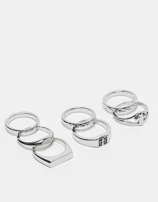 ASOS DESIGN 7 pack cross detail band ring set in silver - SILVER