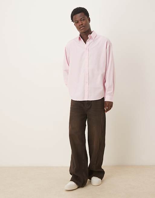 ASOS DESIGN 90S Long Sleeve Oversized With Curved Hem In Pink Stripe