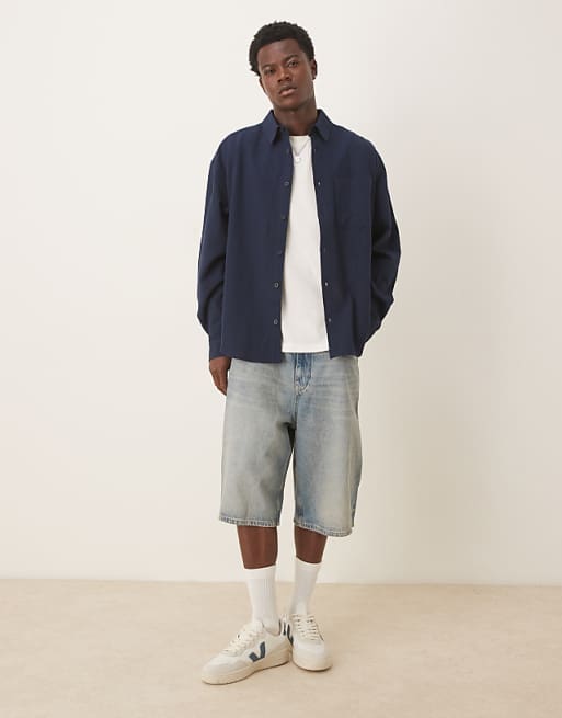 ASOS DESIGN 90s Oversized Long Sleeve With Chest Pocket In Navy