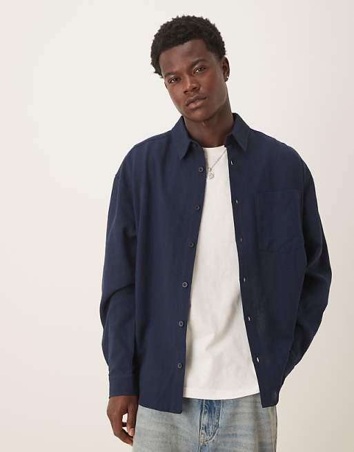 ASOS DESIGN 90s oversized long sleeve with chest pocket in navy