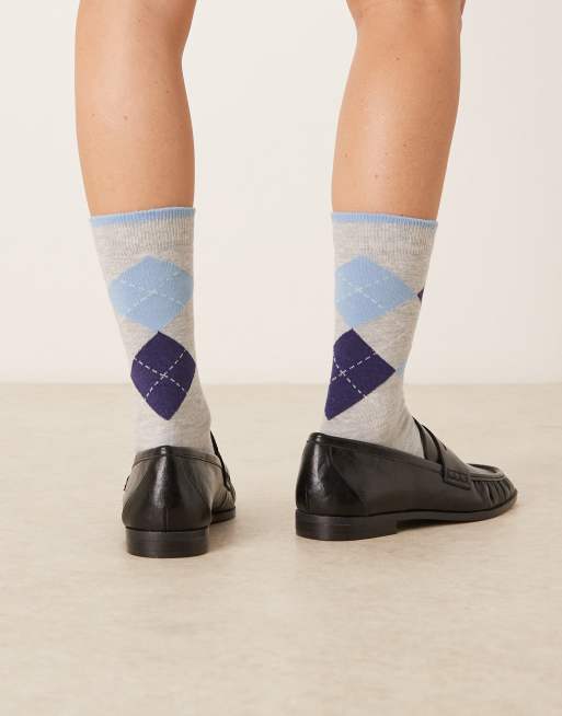 ASOS DESIGN Argyle Navy And Blue Check Socks In Grey Marl
