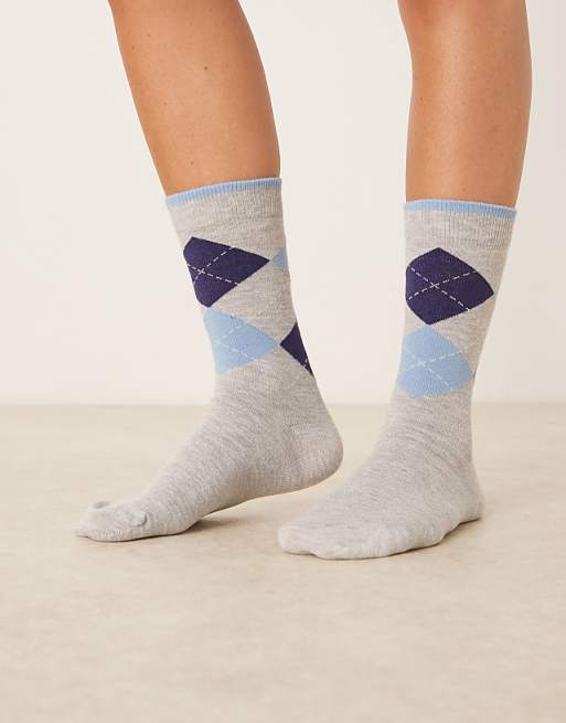 ASOS DESIGN argyle navy and blue check socks in grey marl