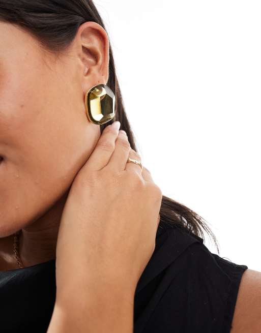 ASOS DESIGN Asymmetric Studs Earrings With Green Crystal Stone Setting Gold Tone