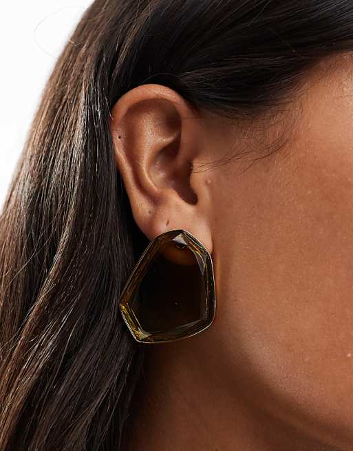 ASOS DESIGN asymmetric studs earrings with green crystal stone setting gold tone
