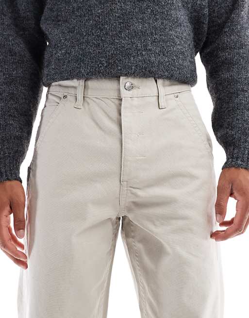 ASOS DESIGN Baggy Cargo Trousers In Stone Canvas