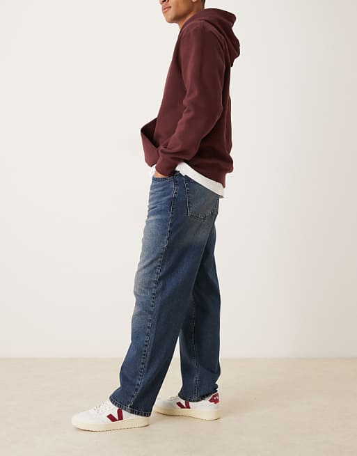 ASOS DESIGN Baggy Jeans In Dark Wash Blue With Abrasions