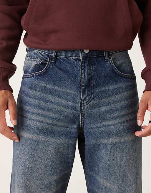 ASOS DESIGN Baggy Jeans In Dark Wash Blue With Abrasions